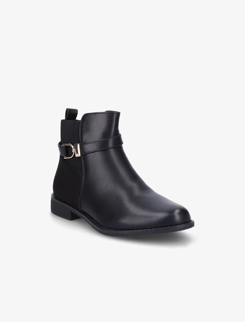 Bottines bi-matière à bride à boucle dorée - Noir - 3