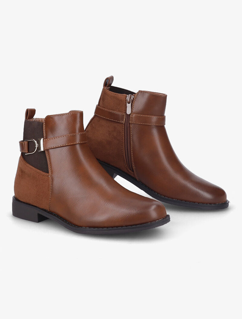 Bottines bi-matière à bride à boucle dorée - Camel - 1