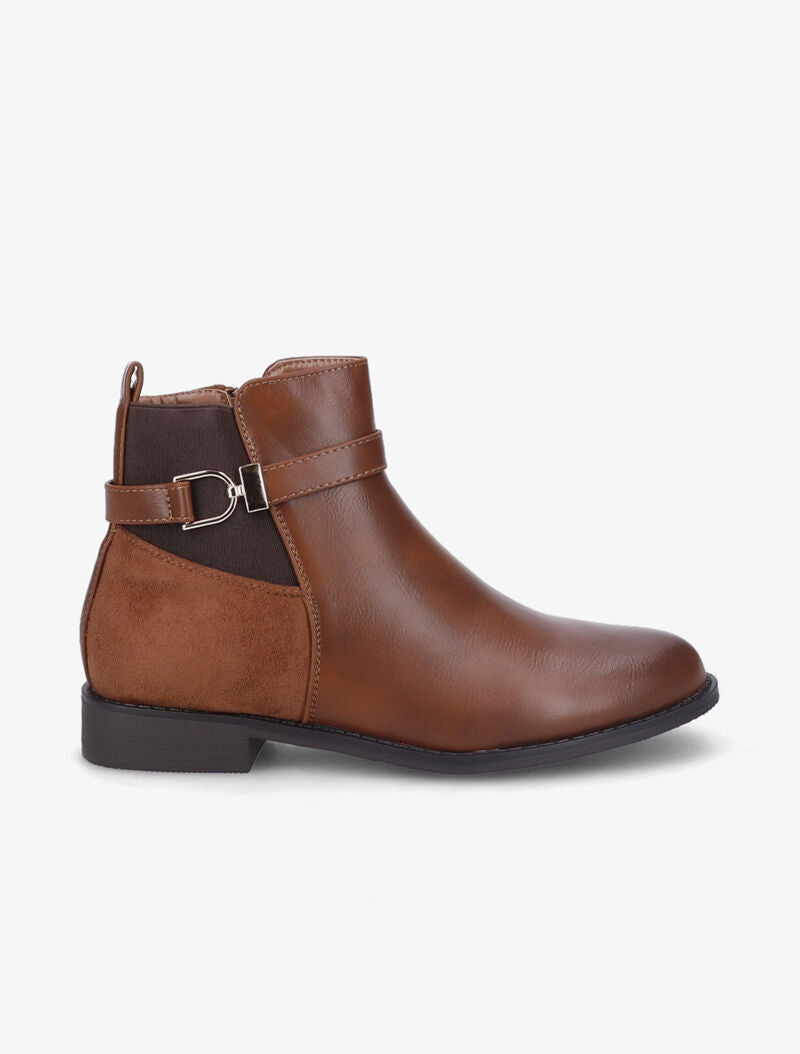 Bottines bi-matière à bride à boucle dorée - Camel - 2