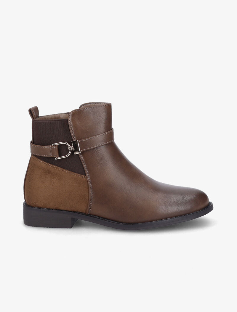 Bottines bi-matière à bride à boucle dorée - Marron - 2