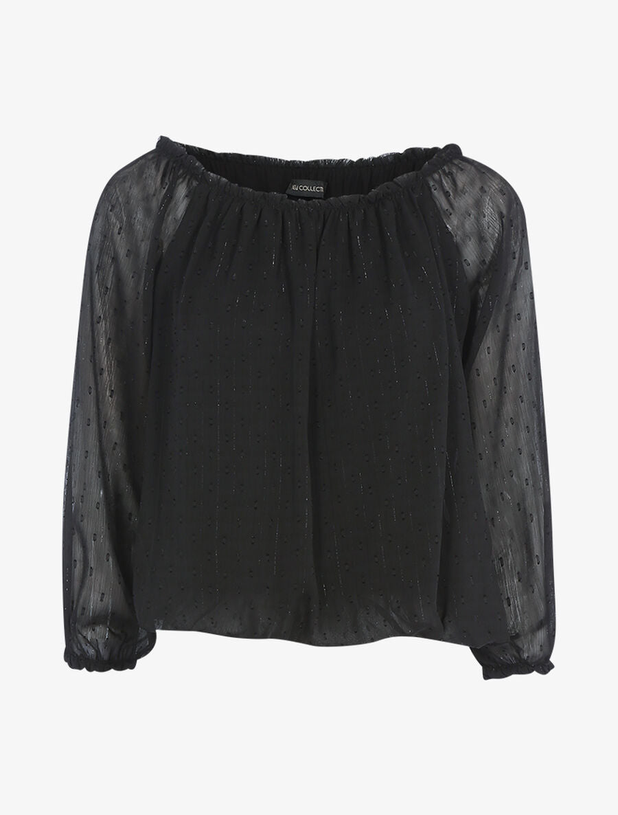 Blouse col élastiqué en voile fin - Noir - 1