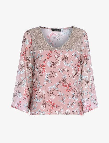 Top à imprimé champêtre et sequins - Rose - 1