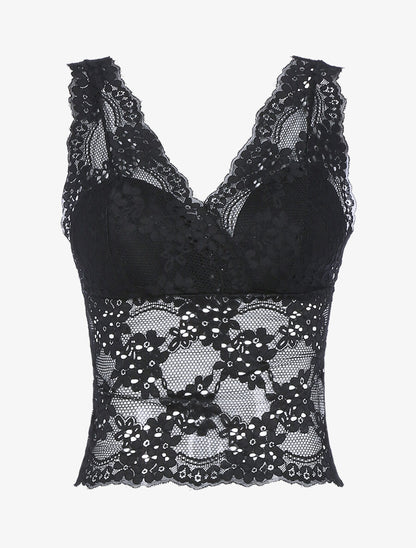 Crop top en dentelle festonnée - Noir - 1