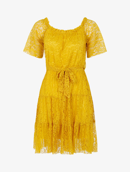 Robe en dentelle fleurie doublée - Jaune - 1