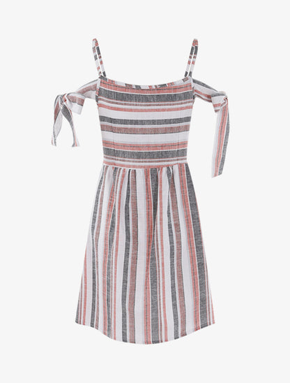 Robe en lin mélangé épaules à nouer - Rouge/noir/blanc - 2