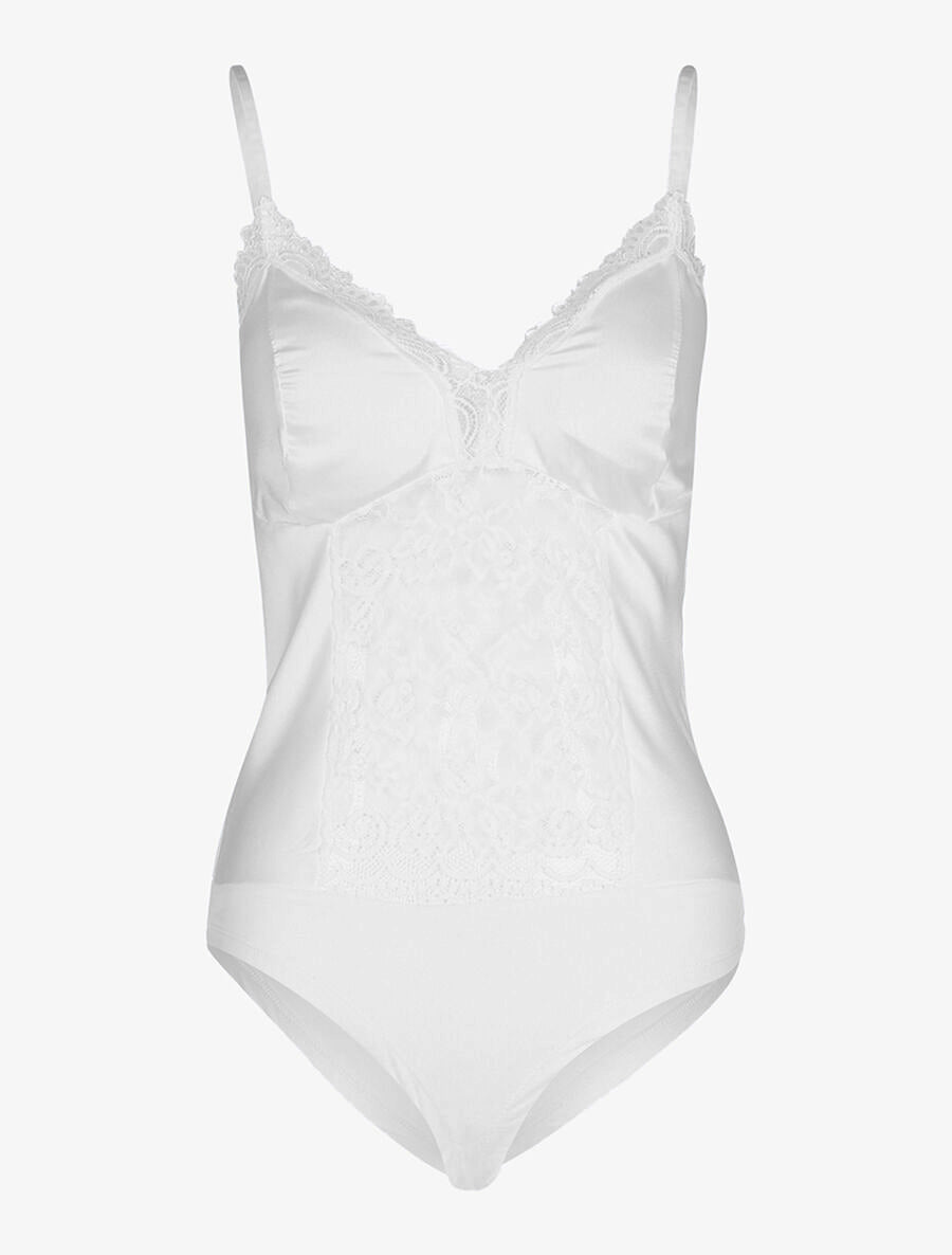 Body satiné ventre ajouré dentelle - Blanc - 1