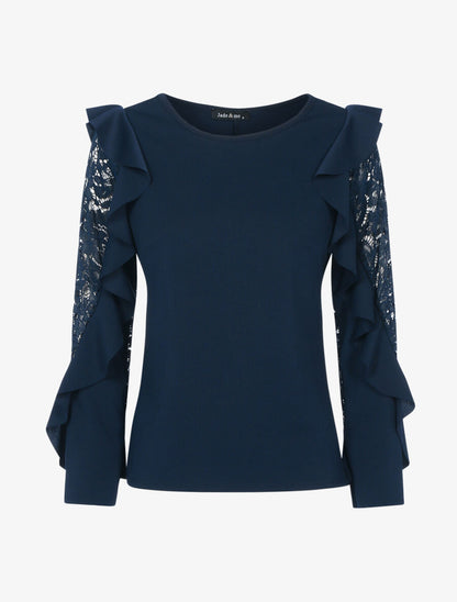 Top à manches en dentelle et volants - Bleu nuit - 1
