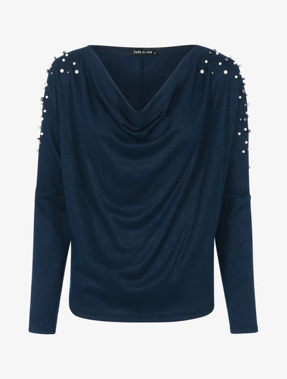 Pull fin bénitier à épaules perlées - Bleu nuit - 1