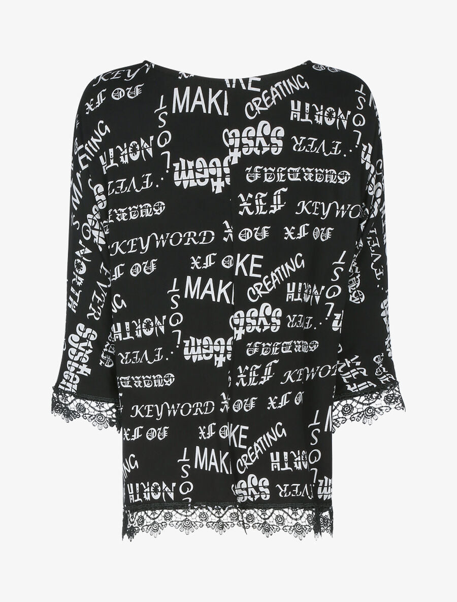 Top oversize à bords dentelle et imprimé texte - Noir - 2