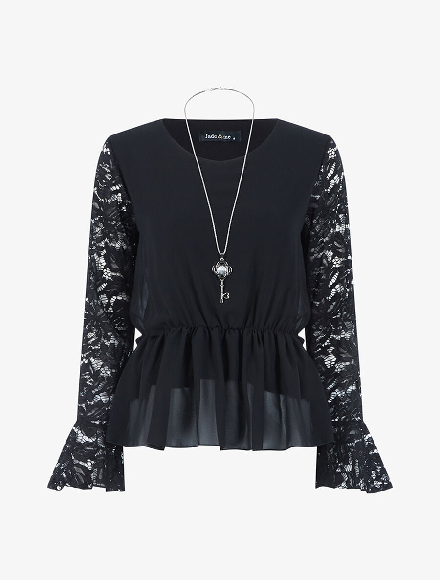 Blouse cintrée à manches dentelle - Noir - 1
