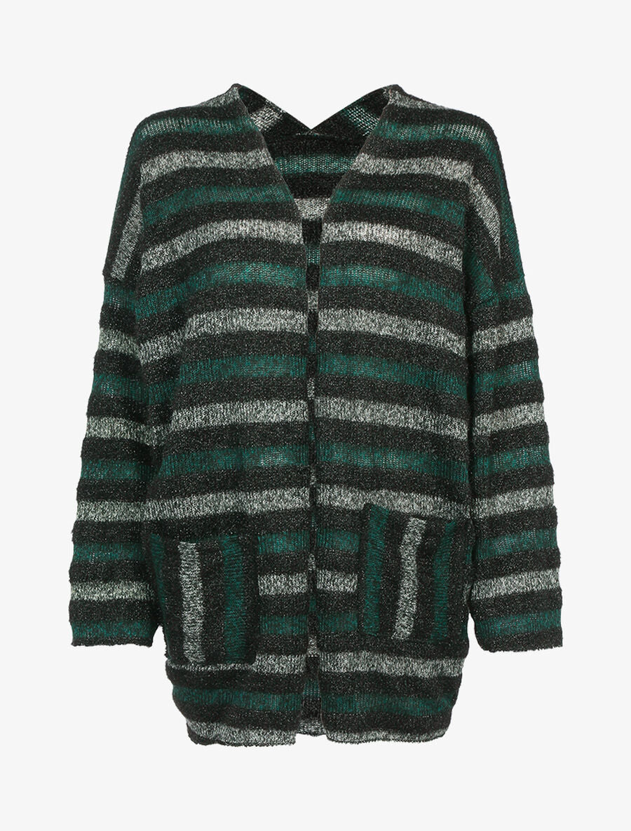 Cardigan à rayures colorées et bandes irisées - Vert foncé/noir - 1
