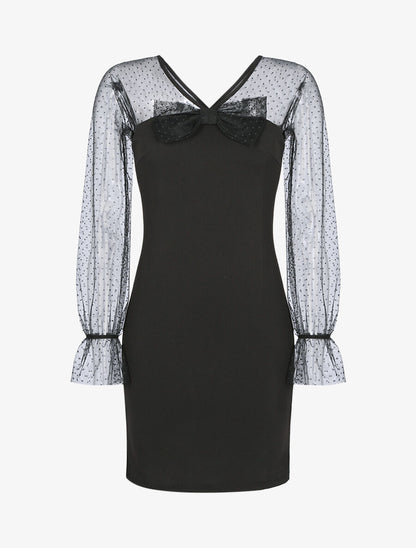 Robe à empiècement en tulle à pois - Noir - 1