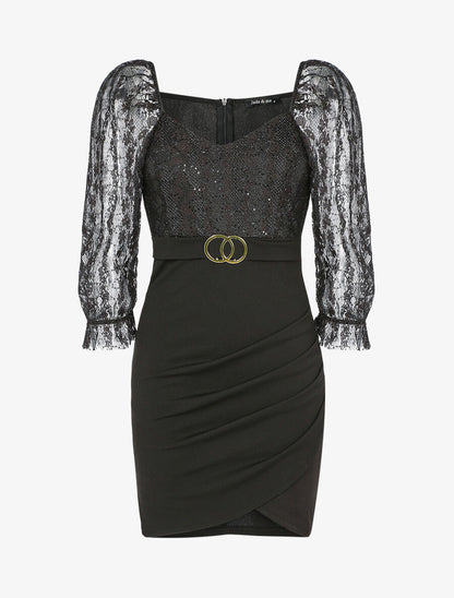 Robe en dentelle et sequins - Noir - 1