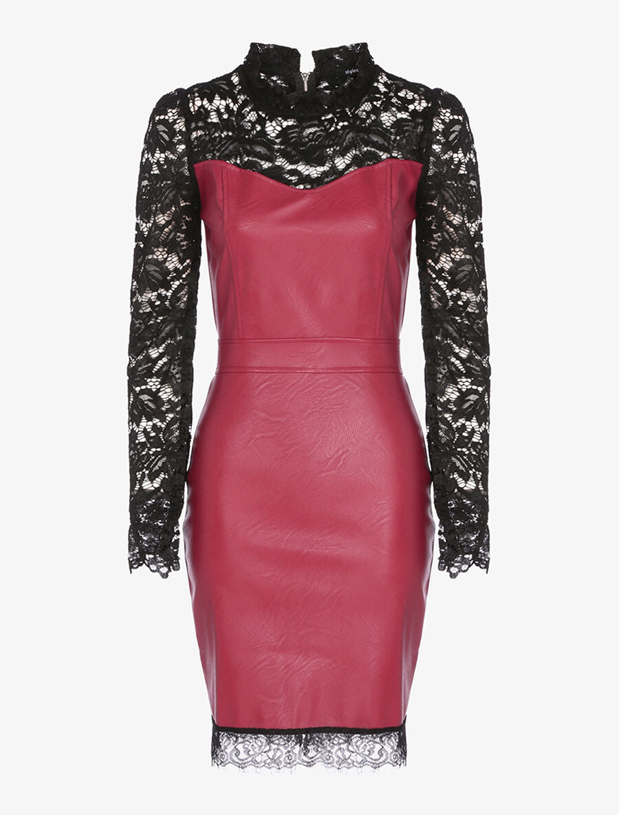 Robe en simili buste et manches en dentelle - Bordeaux/noir - 1
