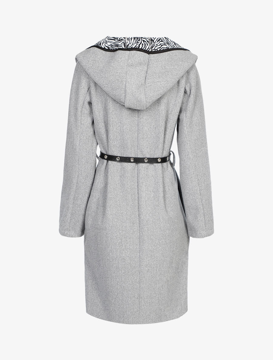 Manteau à capuche et ceinture simili - Gris - 2