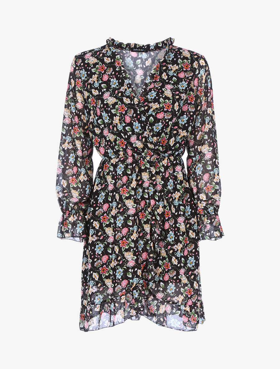 Robe portefeuille à imprimé printanier - Noir - 1