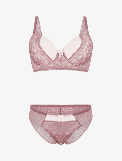 Ensemble push up en dentelle et noeud - Rose - 1