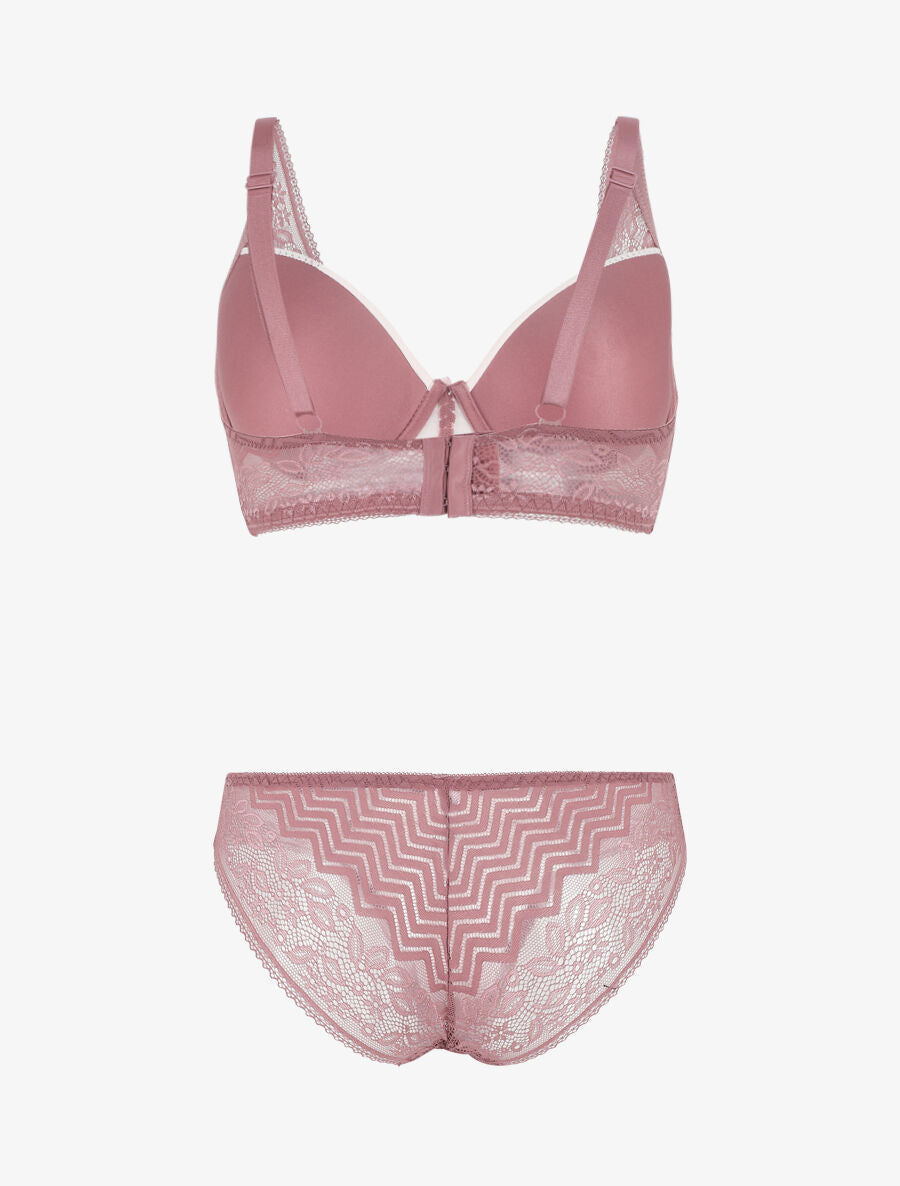 Ensemble push up en dentelle et noeud - Rose - 2