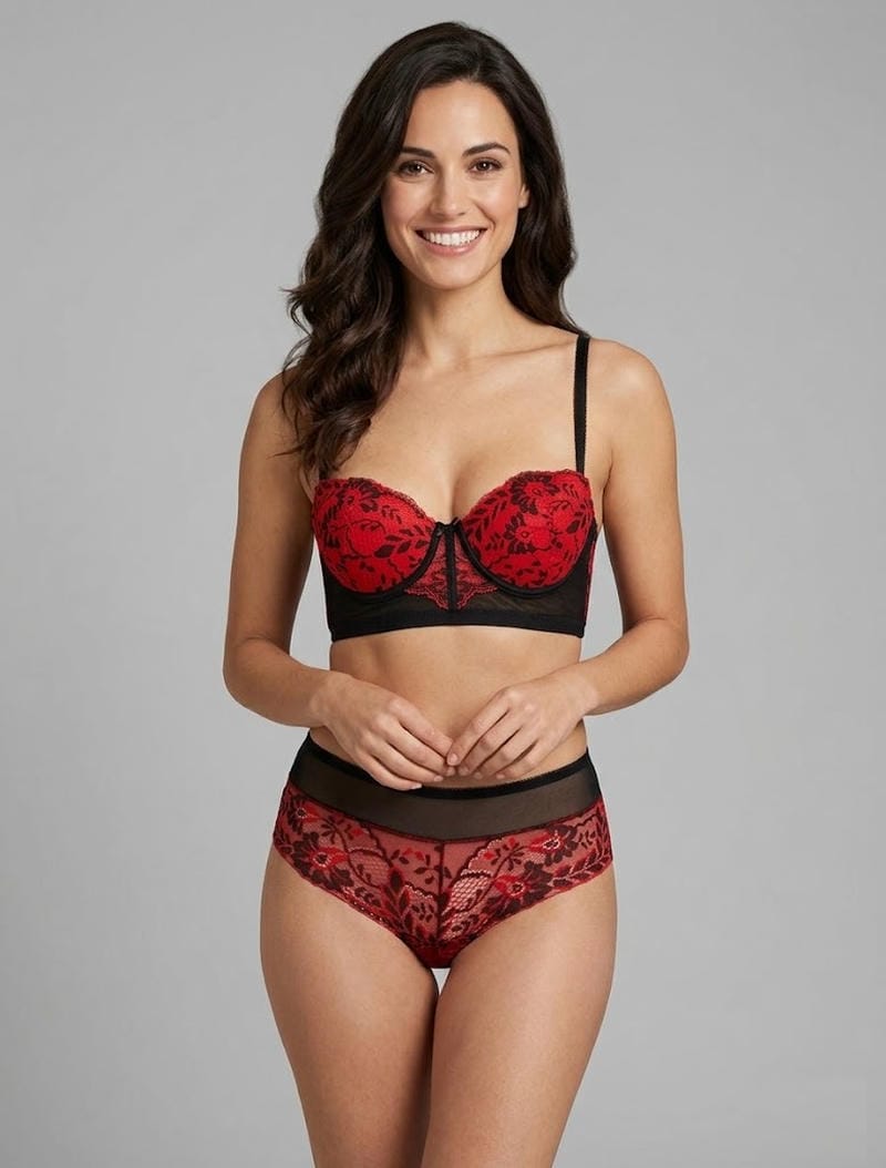 Tweekleurig push-up en kanten shorty set - Rood