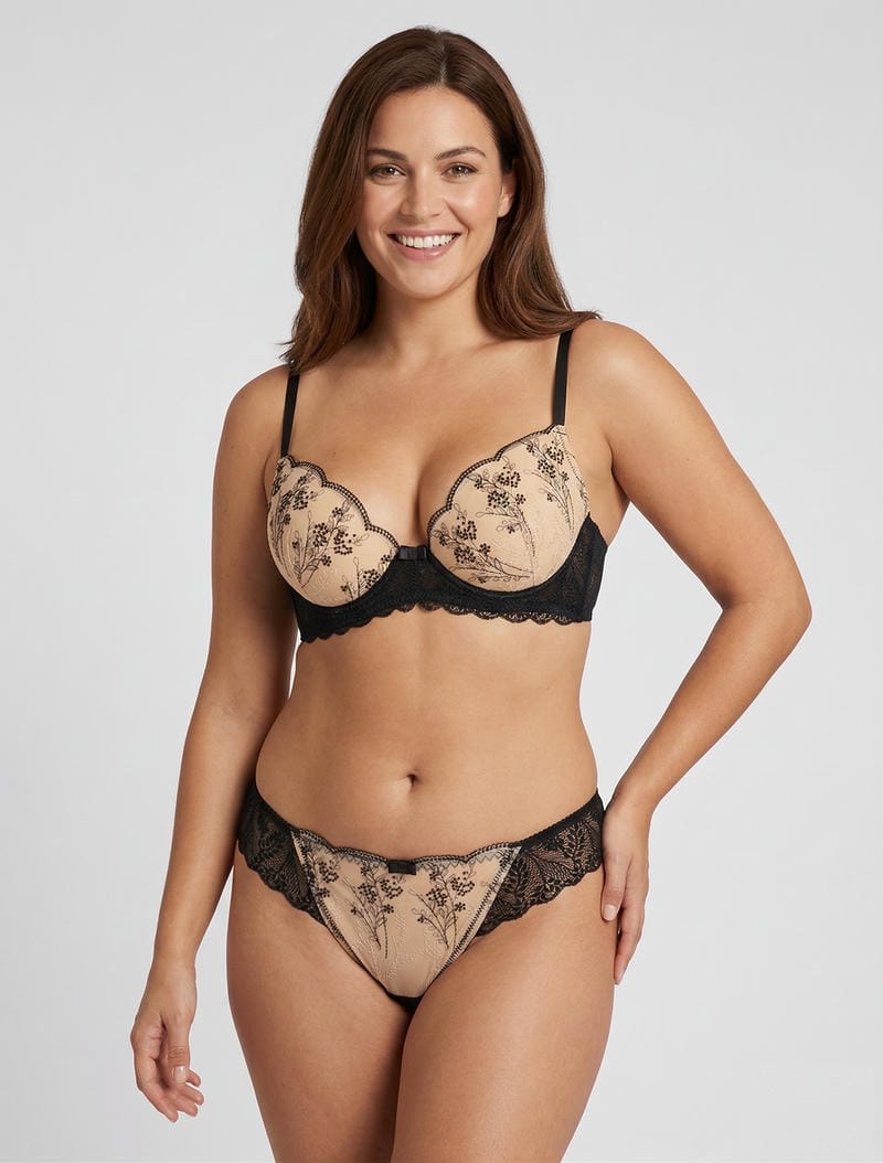 Bh en tanga slip set iriserend kant - Zwart/beige