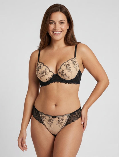 Bh en tanga slip set iriserend kant - Zwart/beige