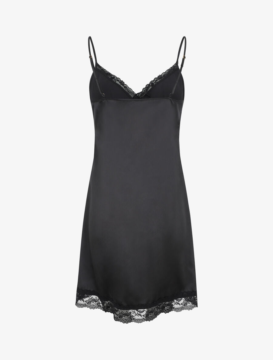Nuisette unie à dentelle effet satiné - Noir - 2