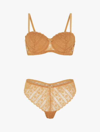 Ensemble soutien-gorge et tanga ajouré en dentelle - Camel - 1