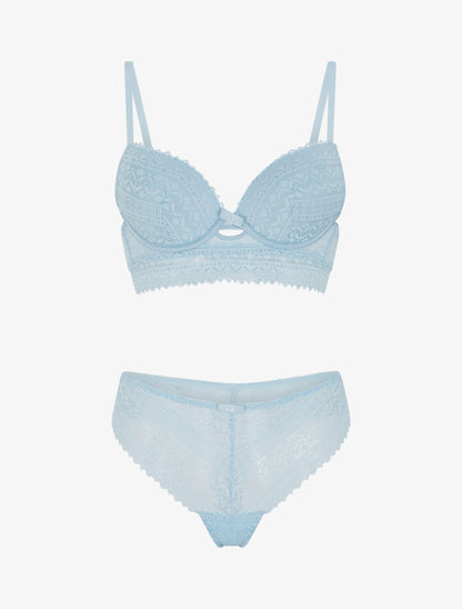Ensemble soutien-gorge avec nœuds et tanga ajouré en dentelle - Bleu ciel - 1