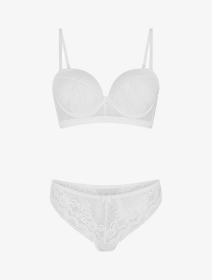 Ensemble soutien-gorge et tanga ajouré à détail satiné - Blanc - 1