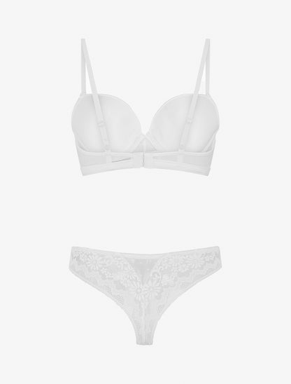 Ensemble soutien-gorge et tanga ajouré à détail satiné - Blanc - 2