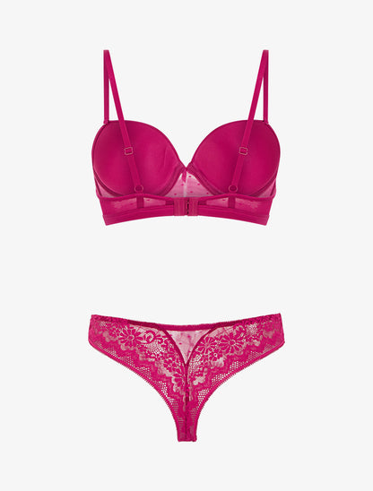 Ensemble soutien-gorge et tanga ajouré à détail satiné - Fushia - 2
