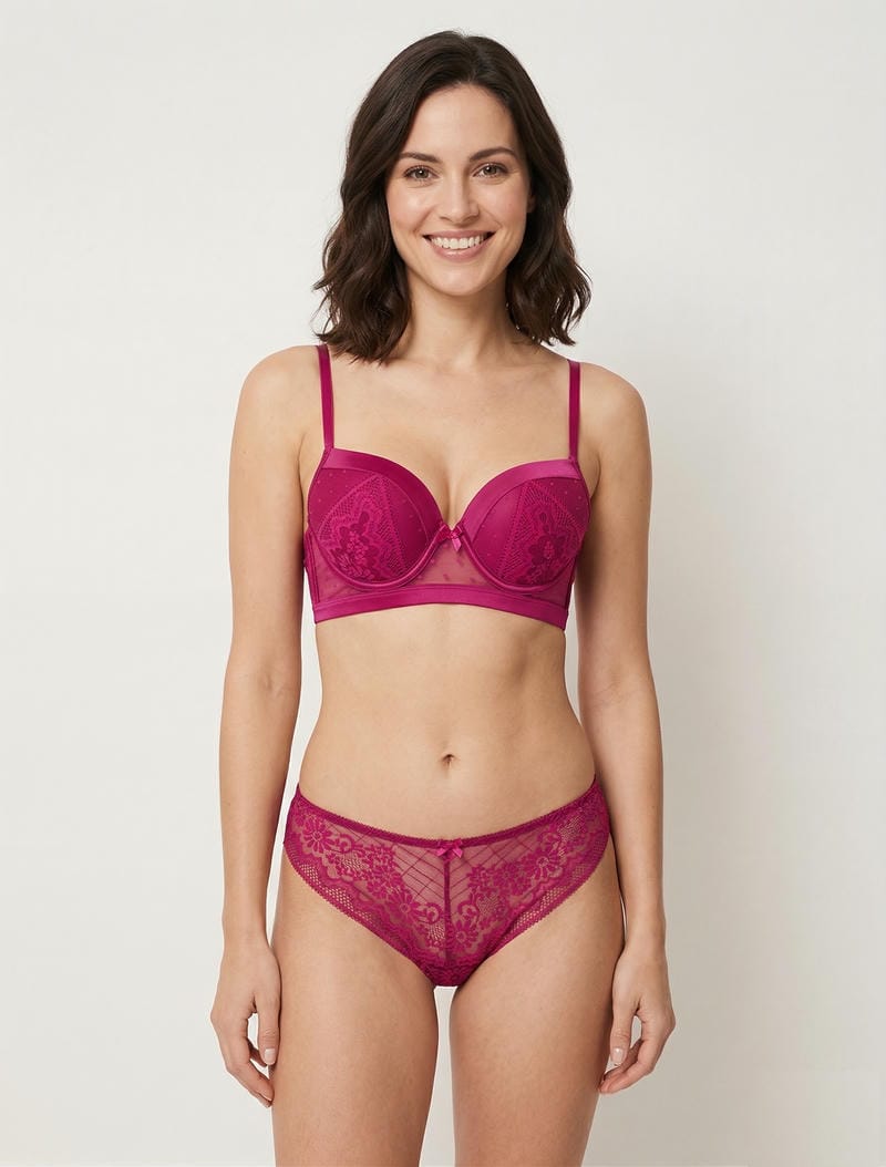 Set van opengewerkte bh en string met satijnen detail - Fuchsia