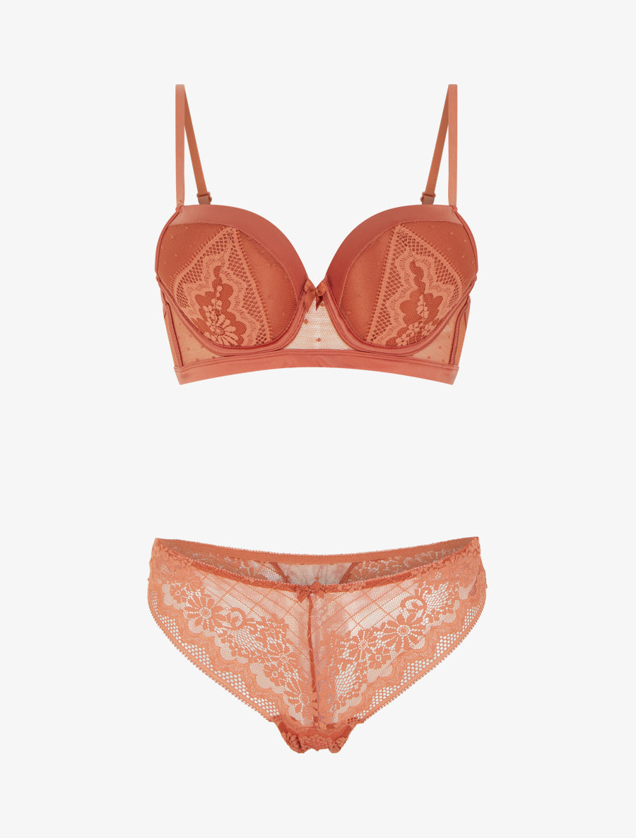 Ensemble soutien-gorge et tanga ajouré à détail satiné - Terracotta - 1