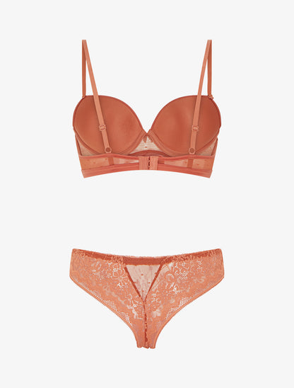 Ensemble soutien-gorge et tanga ajouré à détail satiné - Terracotta - 2