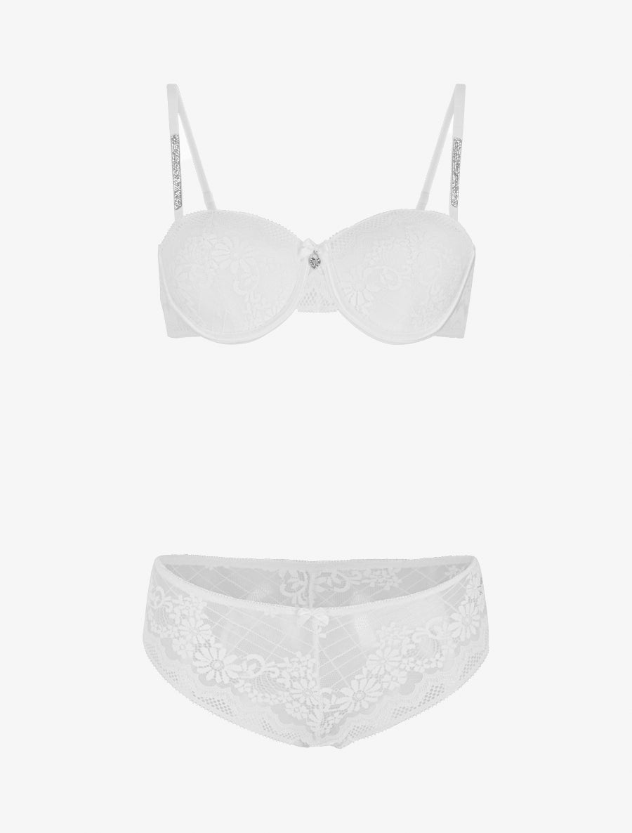 Ensemble soutien-gorge et culotte ajouré à bretelles strassées - Blanc - 1