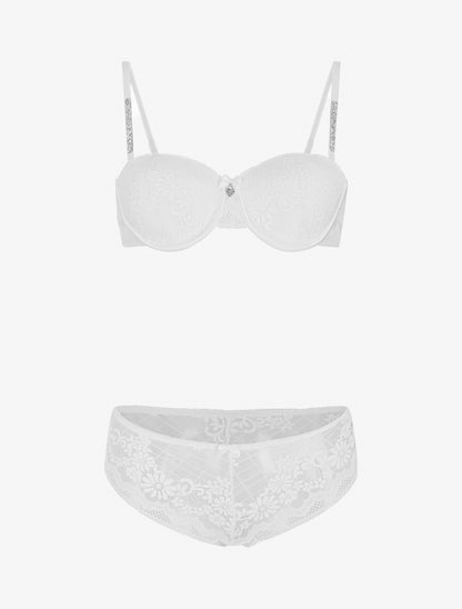 Ensemble soutien-gorge et culotte ajouré à bretelles strassées - Blanc - 1