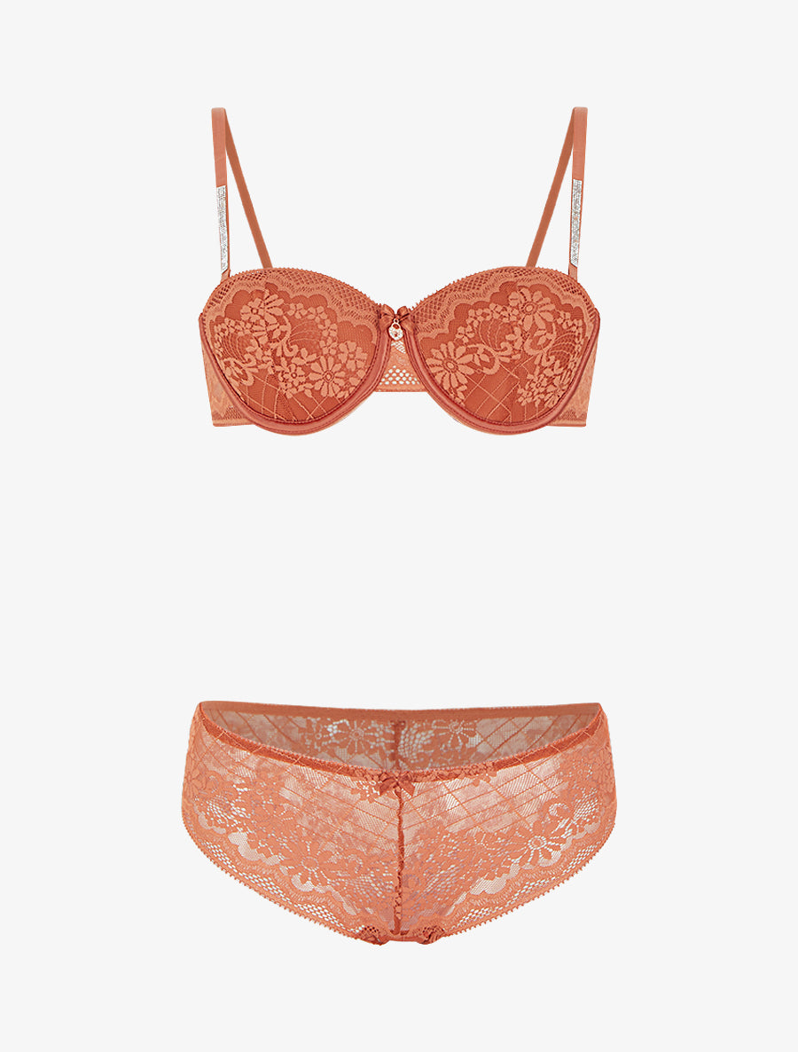 Ensemble soutien-gorge et culotte ajouré à bretelles strassées - Terracotta - 1