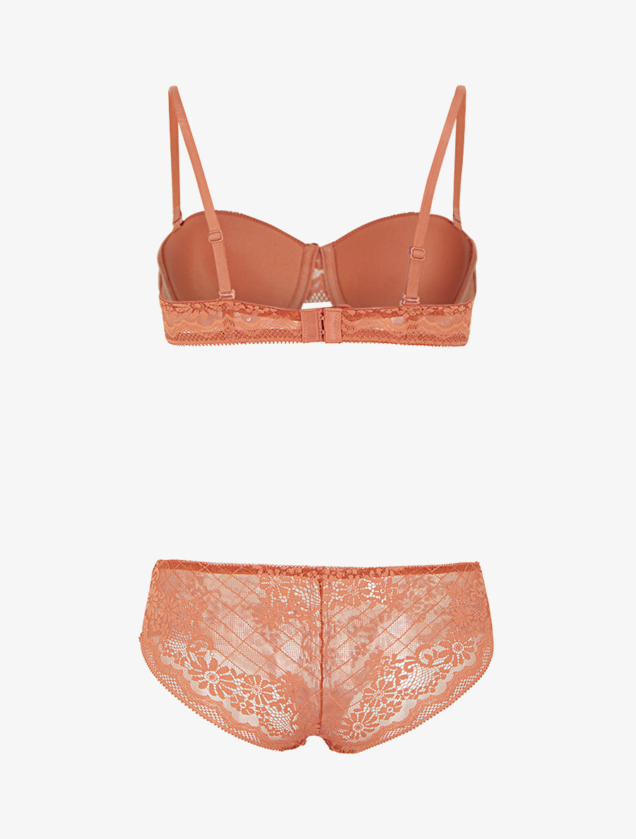 Ensemble soutien-gorge et culotte ajouré à bretelles strassées - Terracotta - 2