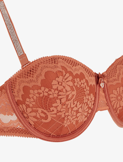 Ensemble soutien-gorge et culotte ajouré à bretelles strassées - Terracotta - 3