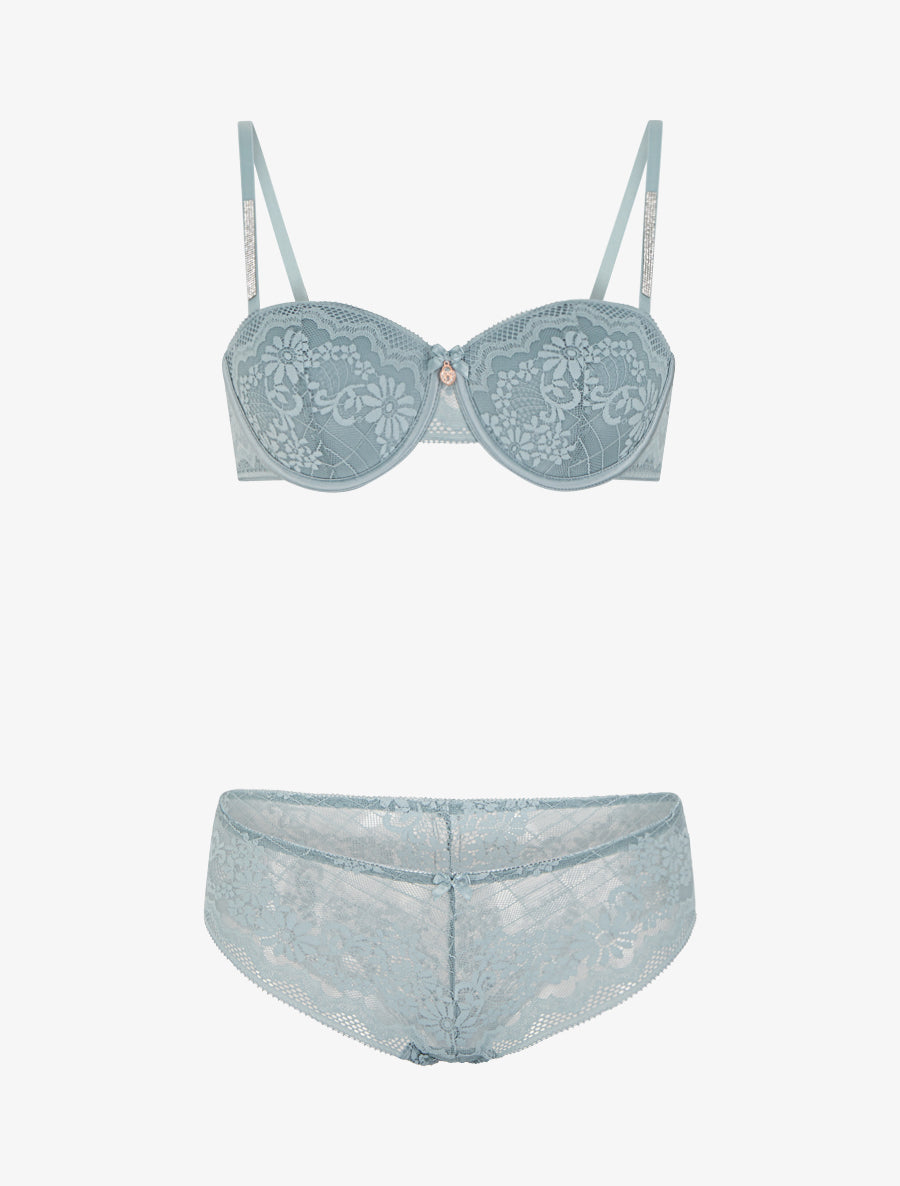 Ensemble soutien-gorge et culotte ajouré à bretelles strassées - Vert gris - 1