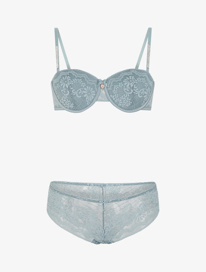 Ensemble soutien-gorge et culotte ajouré à bretelles strassées - Vert gris - 1