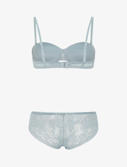 Ensemble soutien-gorge et culotte ajouré à bretelles strassées - Vert gris - 2