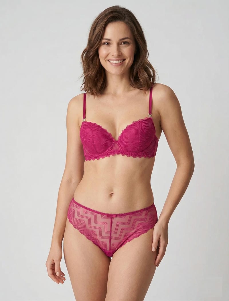 Set van opengewerkte bh en string met stras sieraden. - Fuchsia