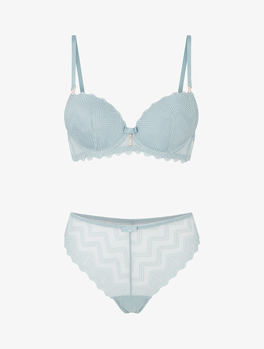 Ensemble soutien-gorge et tanga ajouré à bijoux strassés - Vert gris - 1