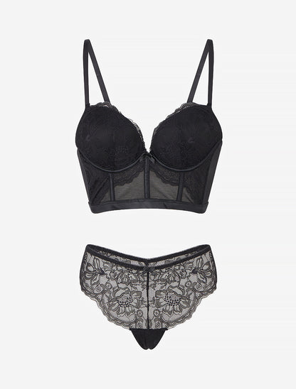 Ensemble lingerie style corset à dentelle fleurie - Noir - 1