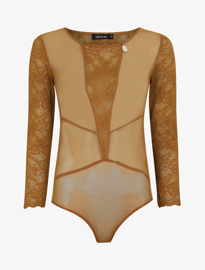 Body transparent à empiècements dentelle - Moutarde - 4