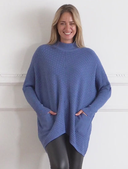 Asymmetrische poncho met opstaande kraag - Blauw