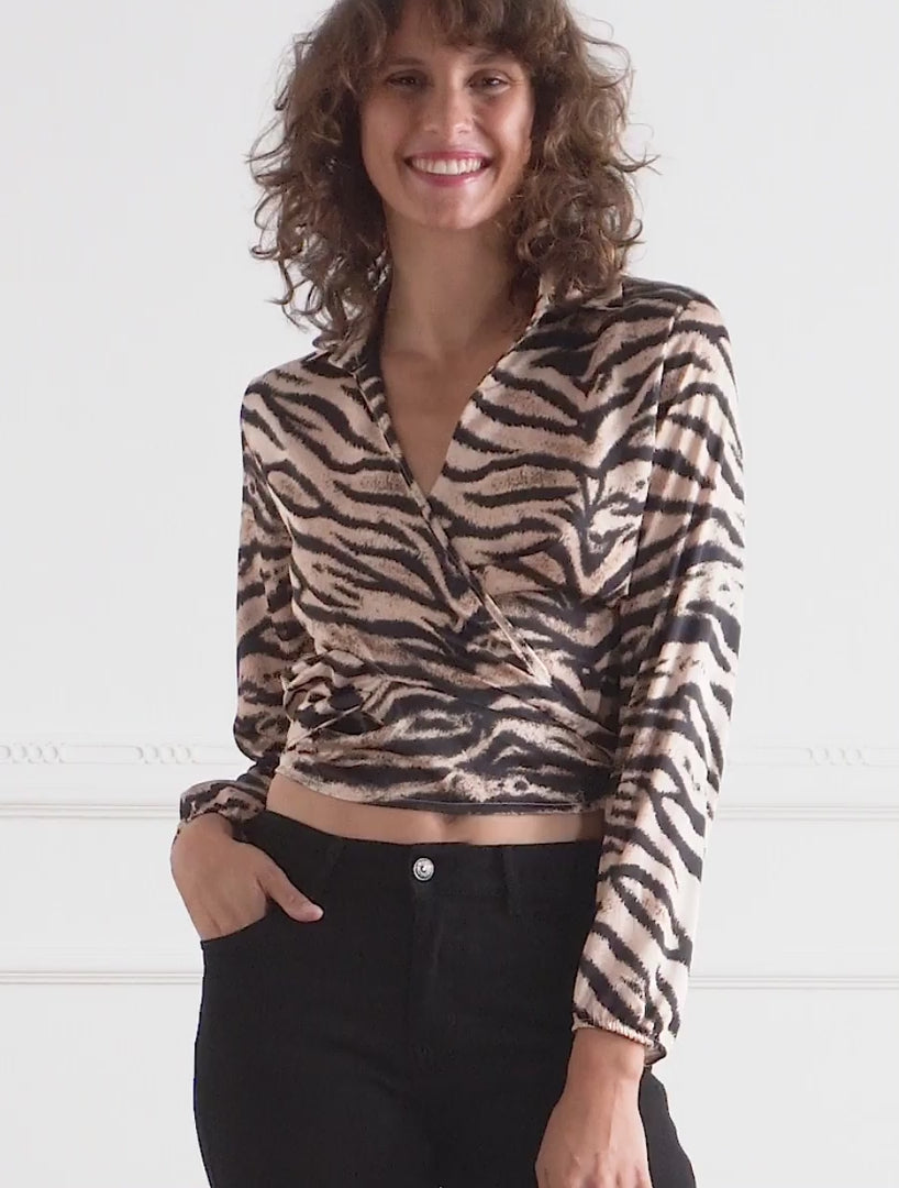 Satijnen overslag crop-top met tijgerprint - Zwart