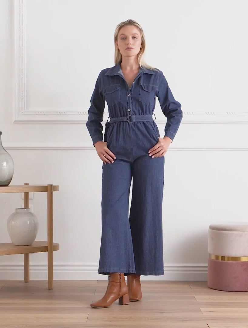 Denim jumpsuit met elastische tailleband - Blauwe denim